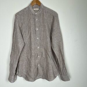 Luca Faloni Shirt Mens Size 41/16 Tan White Striped ButtonDown Linen Stand Colla